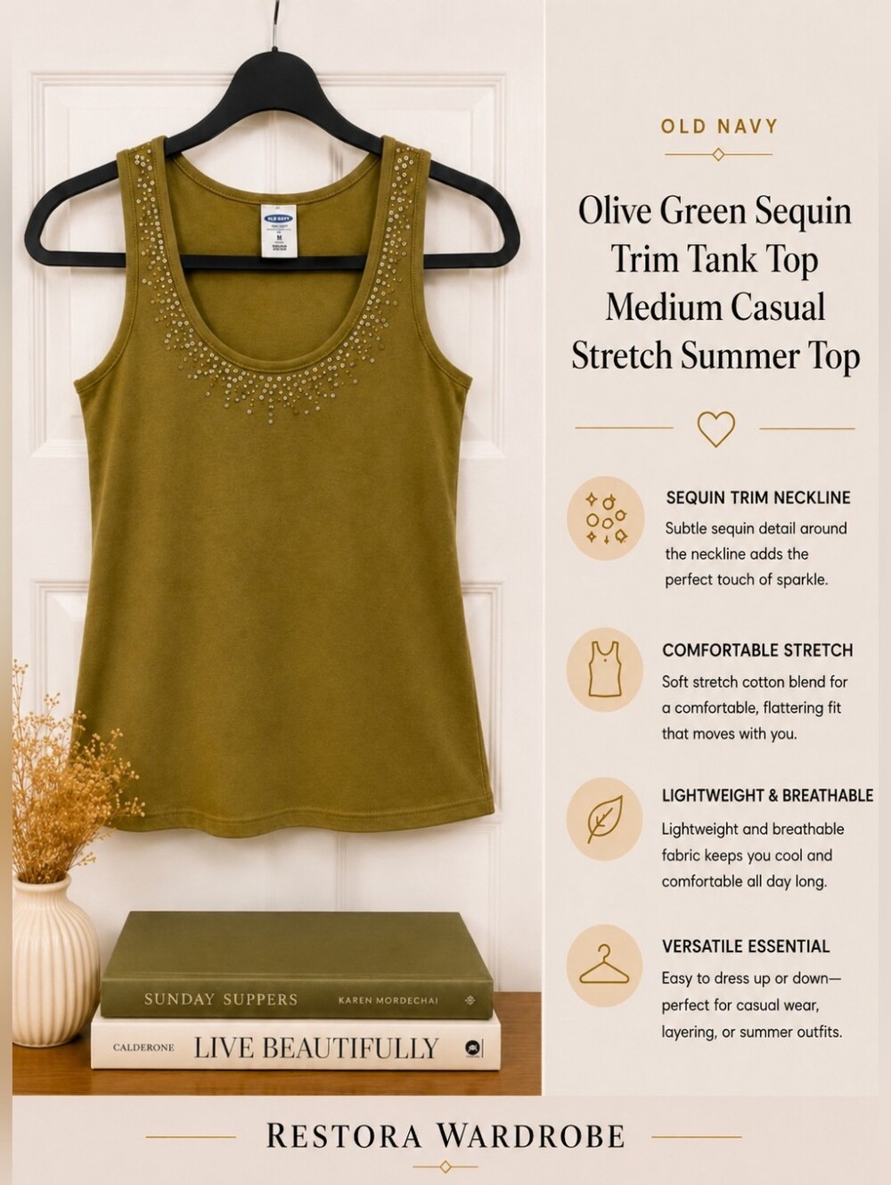 Old Navy Olive Green Sequin Trim Tank Top Medium Casual Stretch Summer Top